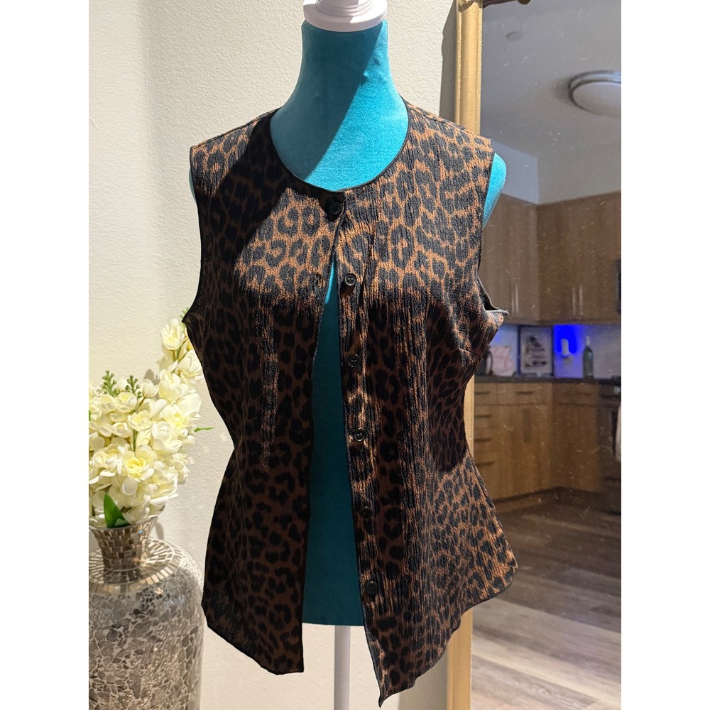 H&M Womens Leopard Print Textured Button Front Vest Brown Black Size Medium - Picture 4 of 8